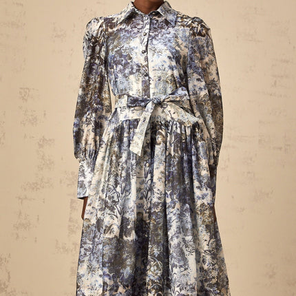 Mariateresa Blue Floral Midi Dress with Long Puff Sleeves and Self-Tie Design