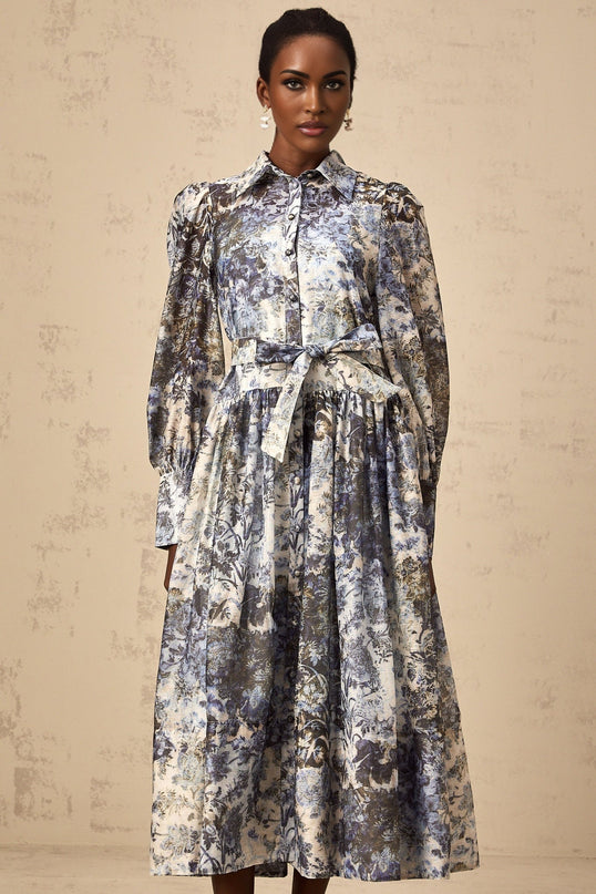 Mariateresa Blue Floral Midi Dress with Long Puff Sleeves and Self-Tie Design