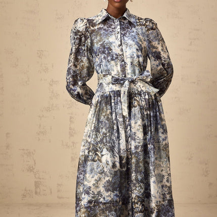 Mariateresa Blue Floral Midi Dress with Long Puff Sleeves and Self-Tie Design