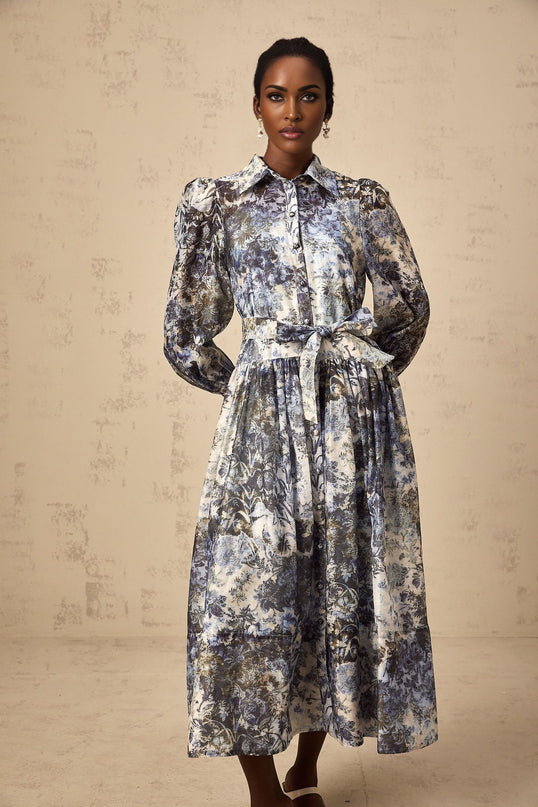 Mariateresa Blue Floral Midi Dress with Long Puff Sleeves and Self-Tie Design