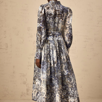Mariateresa Blue Floral Midi Dress with Long Puff Sleeves and Self-Tie Design