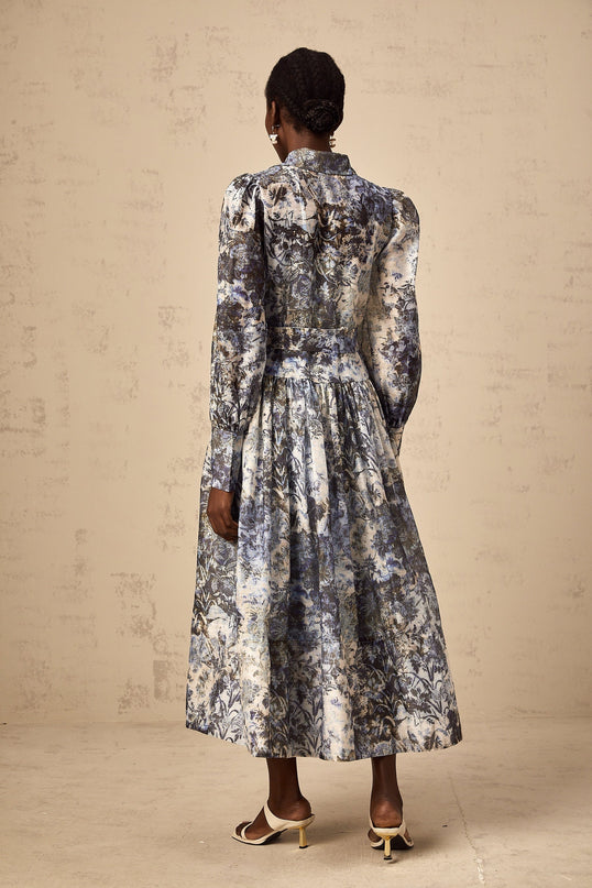 Mariateresa Blue Floral Midi Dress with Long Puff Sleeves and Self-Tie Design