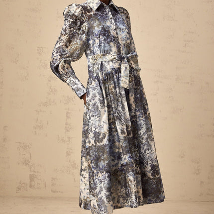 Mariateresa Blue Floral Midi Dress with Self-Tie Design and Puff Sleeves