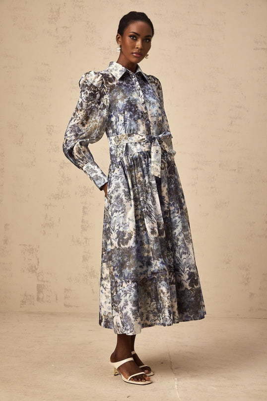 Mariateresa Blue Floral Midi Dress with Self-Tie Design and Puff Sleeves