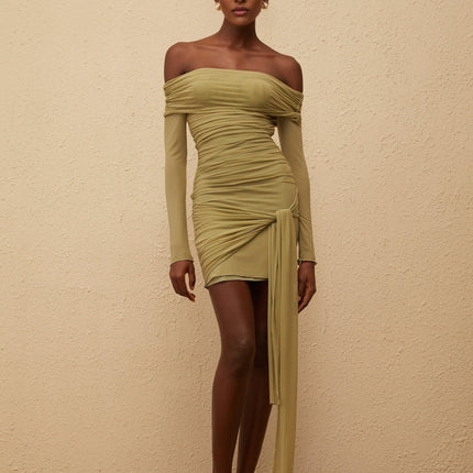 Mariateresa Green Satin Mini Dress with Off-the-Shoulder Design and Side Slit