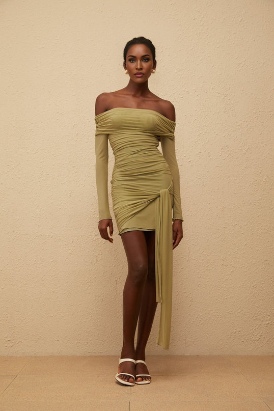 Mariateresa Green Satin Mini Dress with Off-the-Shoulder Design and Side Slit