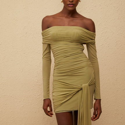 Mariateresa Green Satin Mini Dress with Off-the-Shoulder Design and Side Slit