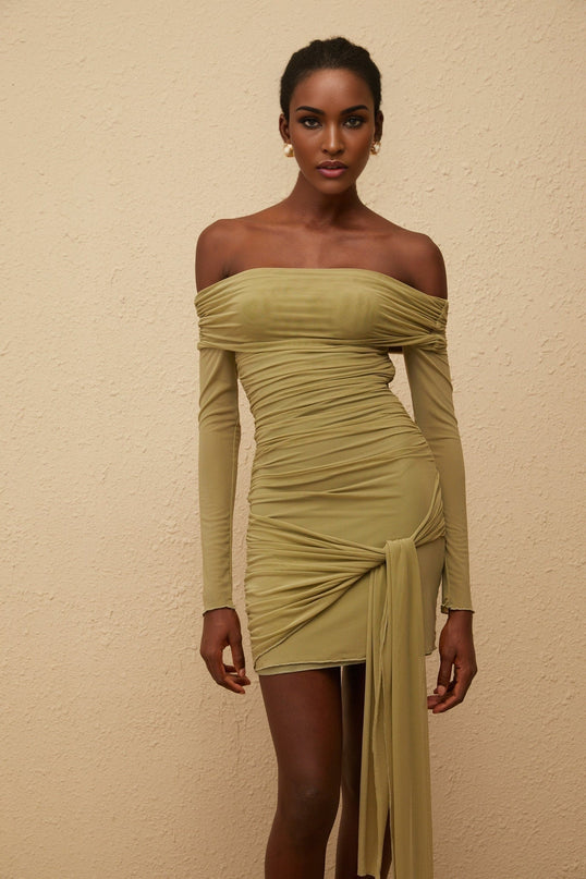Mariateresa Green Satin Mini Dress with Off-the-Shoulder Design and Side Slit