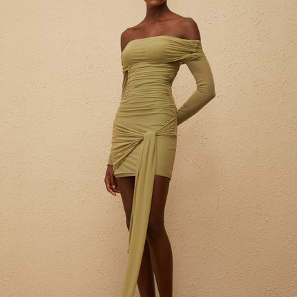 Mariateresa Green Satin Mini Dress with Off-the-Shoulder Design and Side Slit