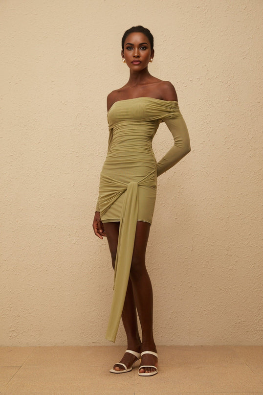 Mariateresa Green Satin Mini Dress with Off-the-Shoulder Design and Side Slit