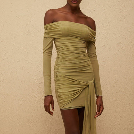 Mariateresa Green Satin Mini Dress Off Shoulder Side Slit Mesh Silhouette Maxi Length