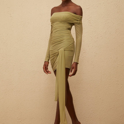Mariateresa Green Satin Mini Dress with Off-the-Shoulder Design and Side Slit