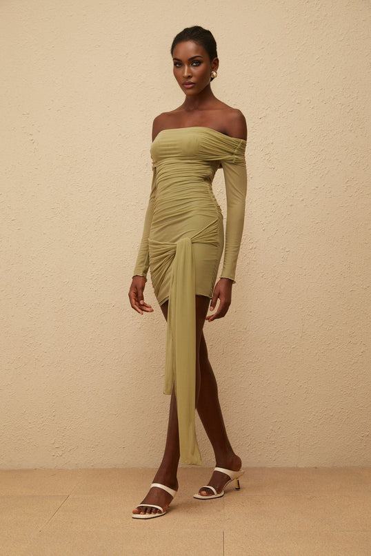 Mariateresa Green Satin Mini Dress with Off-the-Shoulder Design and Side Slit