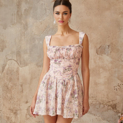 Mariateresa Pink Multicolor Floral Print Ruffled Trim Mini Dress