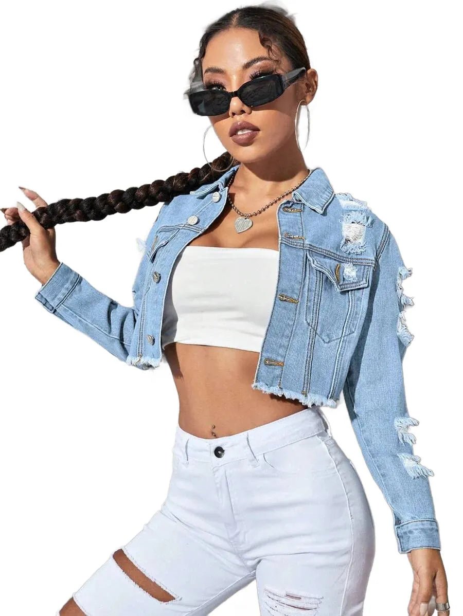 Mariavittoria Cropped Denim Jacket with Distressed Style in Blue - Blue