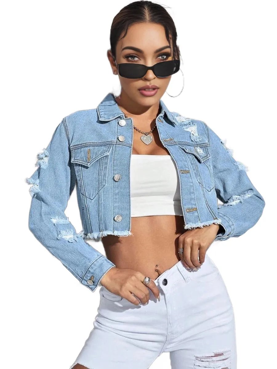 Mariavittoria Cropped Denim Jacket with Distressed Style in Blue - Blue