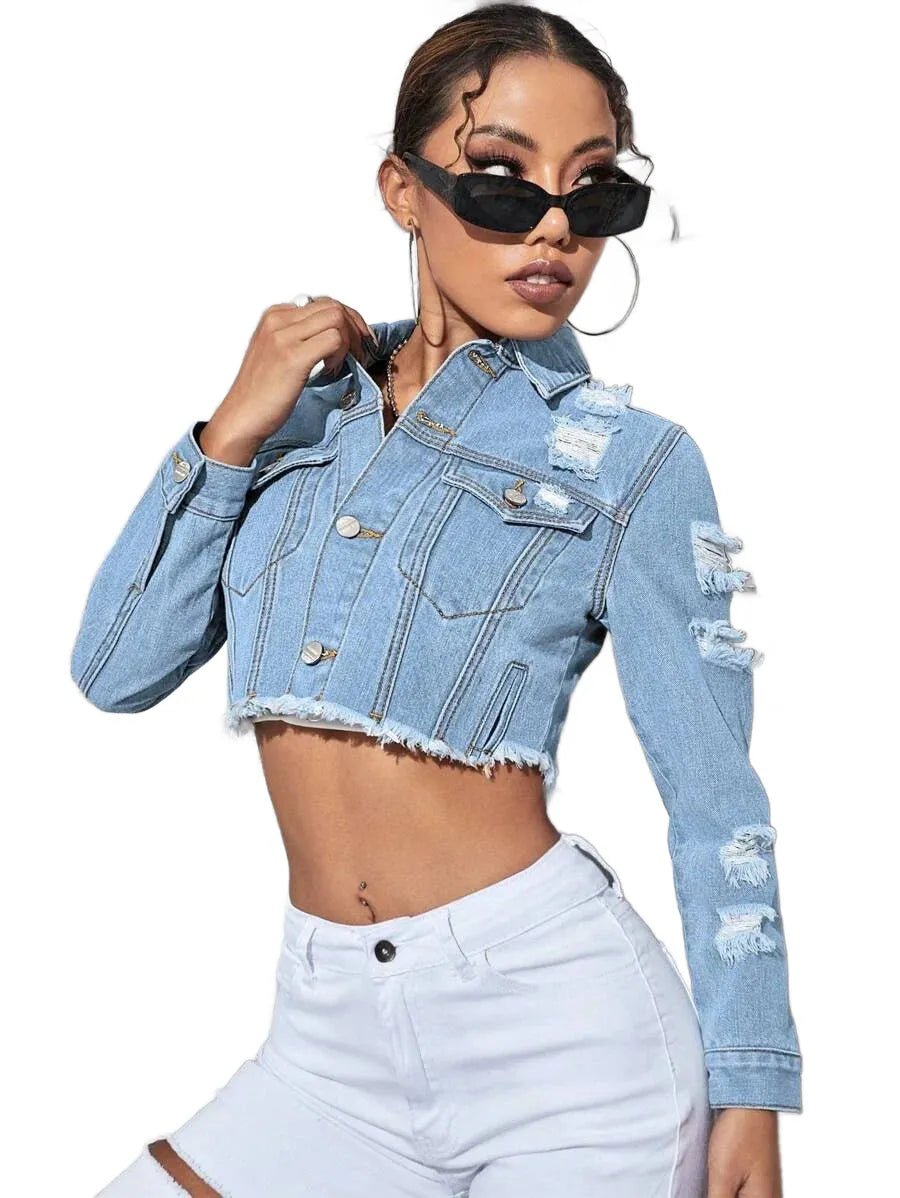 Mariavittoria Cropped Denim Jacket with Distressed Style in Blue - Blue