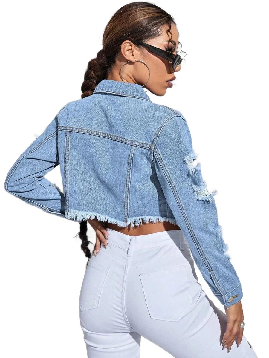 Mariavittoria Cropped Denim Jacket with Distressed Style in Blue - Blue