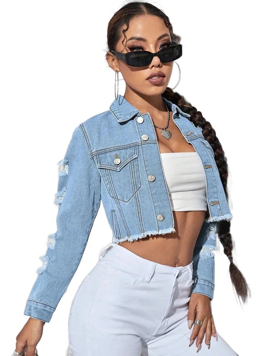 Mariavittoria Cropped Denim Jacket with Distressed Style in Blue - Blue