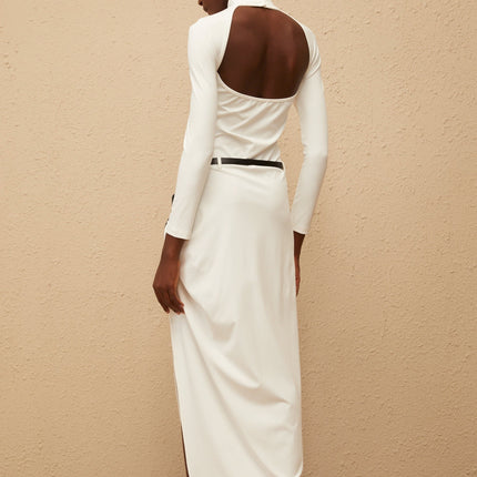 Mariavittoria Maxi Dress White Open Back Gathered Fitted