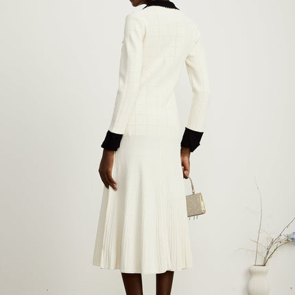 Mariavittoria White Knit Midi Dress with Contrasting Trim and Pleated Detailing