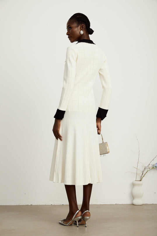 Mariavittoria White Knit Midi Dress with Contrasting Trim and Pleated Detailing