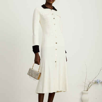 Mariavittoria White Knit Midi Dress with Contrasting Trim and Pleated Detailing