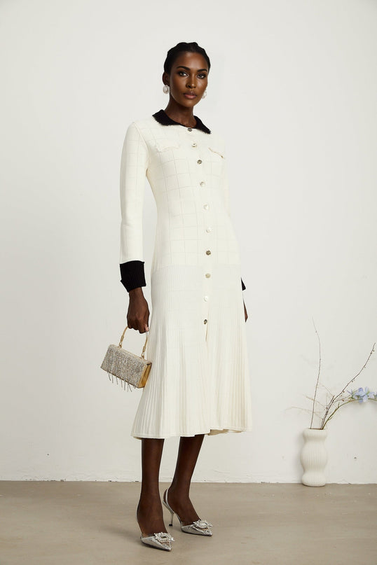 Mariavittoria White Knit Midi Dress with Contrasting Trim and Pleated Detailing