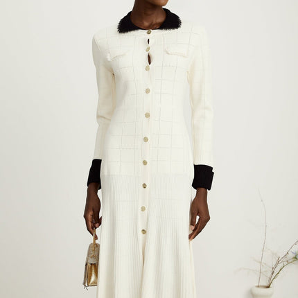 Mariavittoria White Knit Midi Dress with Contrasting Trim and Pleated Detailing