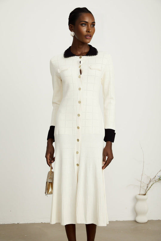 Mariavittoria White Knit Midi Dress with Contrasting Trim and Pleated Detailing