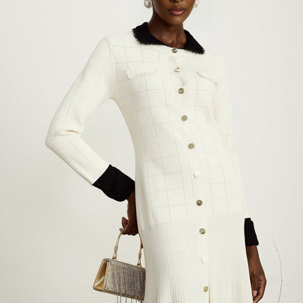 Mariavittoria White Knit Midi Dress with Contrasting Trim and Pleated Detailing