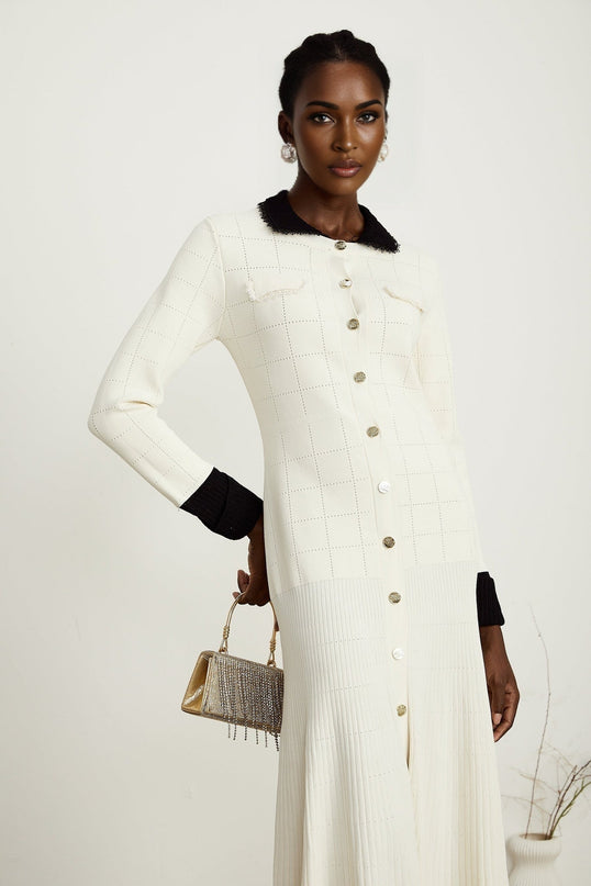 Mariavittoria White Knit Midi Dress with Contrasting Trim and Pleated Detailing