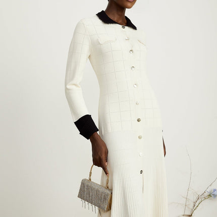 Mariavittoria White Knit Midi Dress with Contrasting Trim and Pleated Detailing