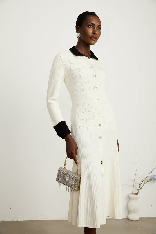 Mariavittoria White Knit Midi Dress with Contrasting Trim and Pleated Detailing