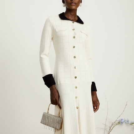 Mariavittoria White Knit Midi Dress with Contrasting Trim and Pleated Detailing