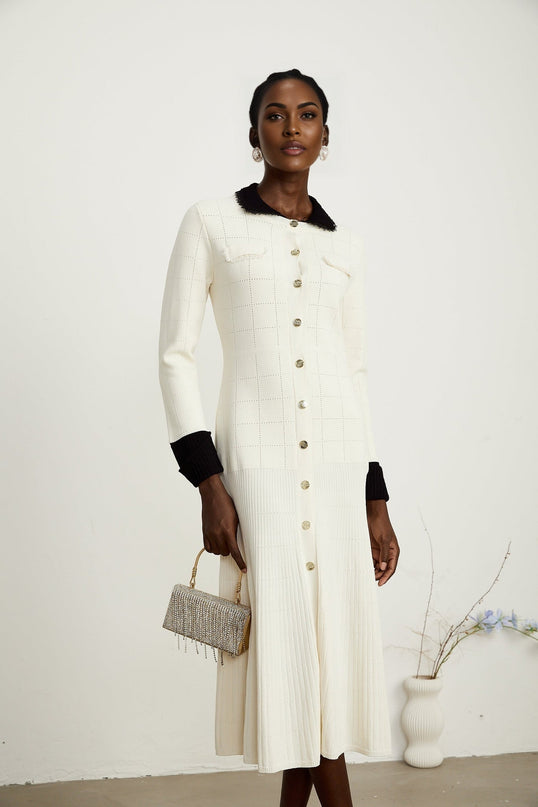 Mariavittoria White Knit Midi Dress with Contrasting Trim and Pleated Detailing