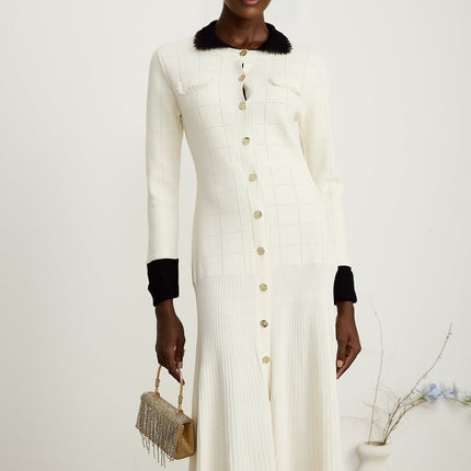 Mariavittoria White Shirt Knit Midi Dress with Contrasting Trim and Pleated Detailing