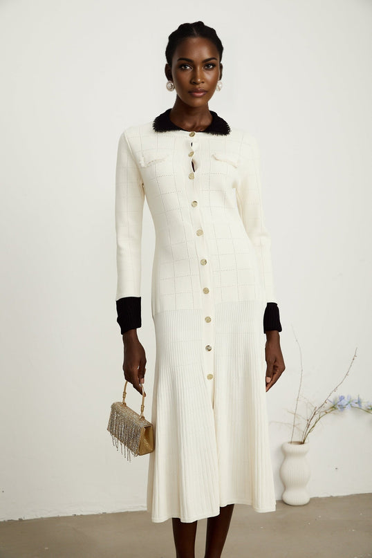 Mariavittoria White Shirt Knit Midi Dress with Contrasting Trim and Pleated Detailing