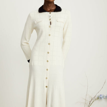 Mariavittoria White Shirt Knit Midi Dress with Contrasting Trim and Pleated Detailing