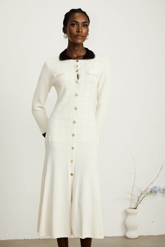 Mariavittoria White Shirt Knit Midi Dress with Contrasting Trim and Pleated Detailing