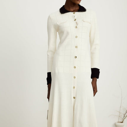 Mariavittoria White Shirt Knit Midi Dress with Contrasting Trim and Pleated Detailing