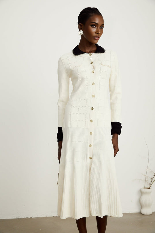 Mariavittoria White Shirt Knit Midi Dress with Contrasting Trim and Pleated Detailing