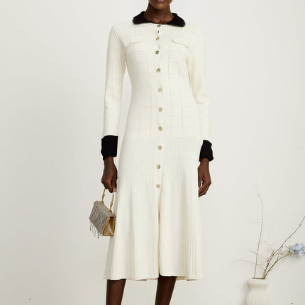 Mariavittoria White Shirt Knit Midi Dress with Contrasting Trim and Pleated Detailing