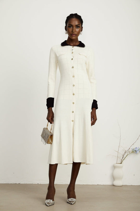 Mariavittoria White Shirt Knit Midi Dress with Contrasting Trim and Pleated Detailing