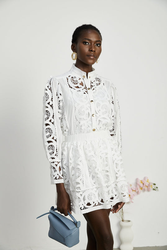 Marie lacefloral embellished shirt  skirt matching set