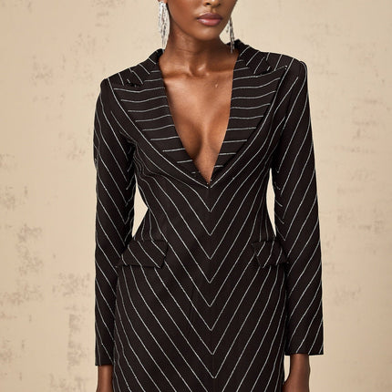 Mariella Black Diagonal Striped Mini Dress with Rhinestone Embellishments