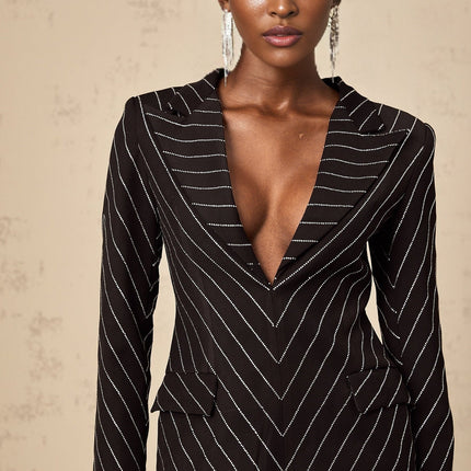 Mariella Black Diagonal Striped Mini Dress with Rhinestone Embellishments