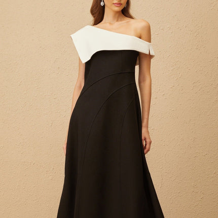 Marina Black Color Block One Shoulder Midi Dress with Lapels and Zip Fastening