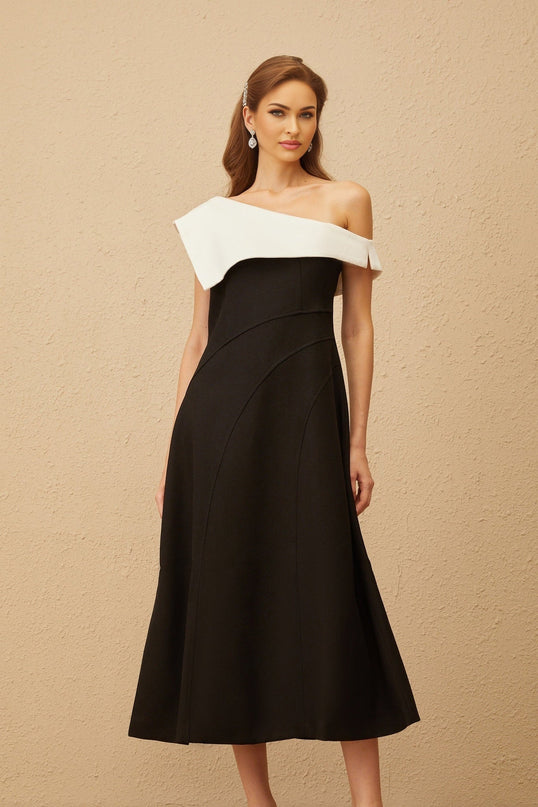 Marina Black Color Block One Shoulder Midi Dress with Lapels and Zip Fastening
