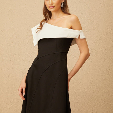 Marina Black Color Block One Shoulder Midi Dress